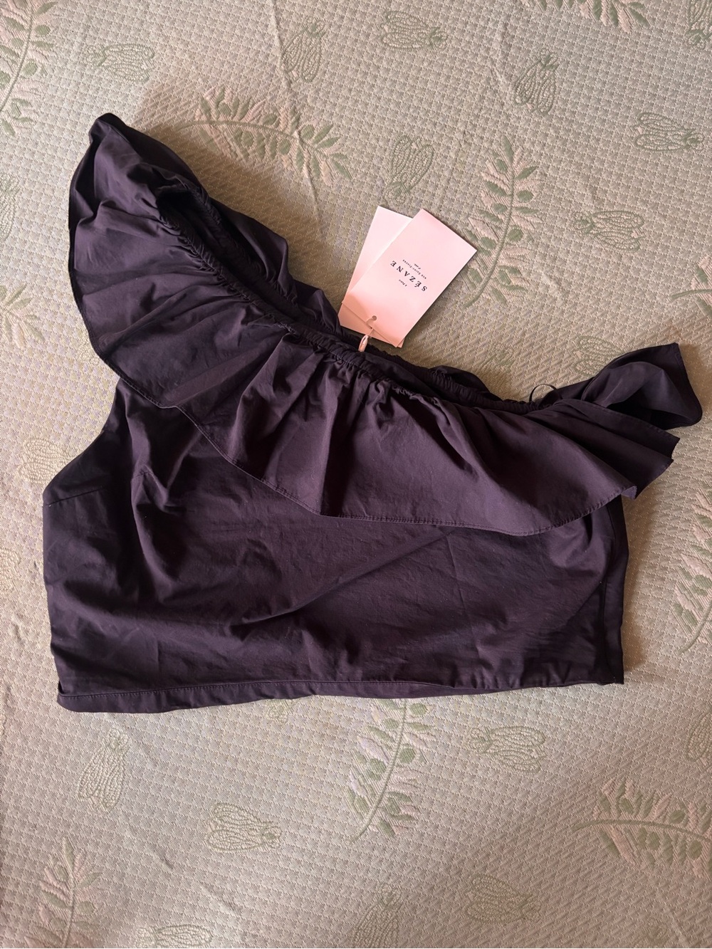 Sezane One-Shoulder Ruffle Crop Top - Black